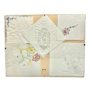 Framed Vintage Handkerchief with Crocheted Butterfly Design, 11x14